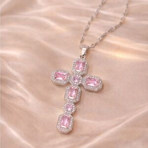 Silver Pink Diamond Cross Necklace
